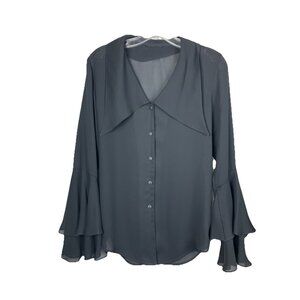 Vintage 90s Y2K Goth Poet Gypsy Pirate Gauze Blouse Top Ruffle Sleeve Black